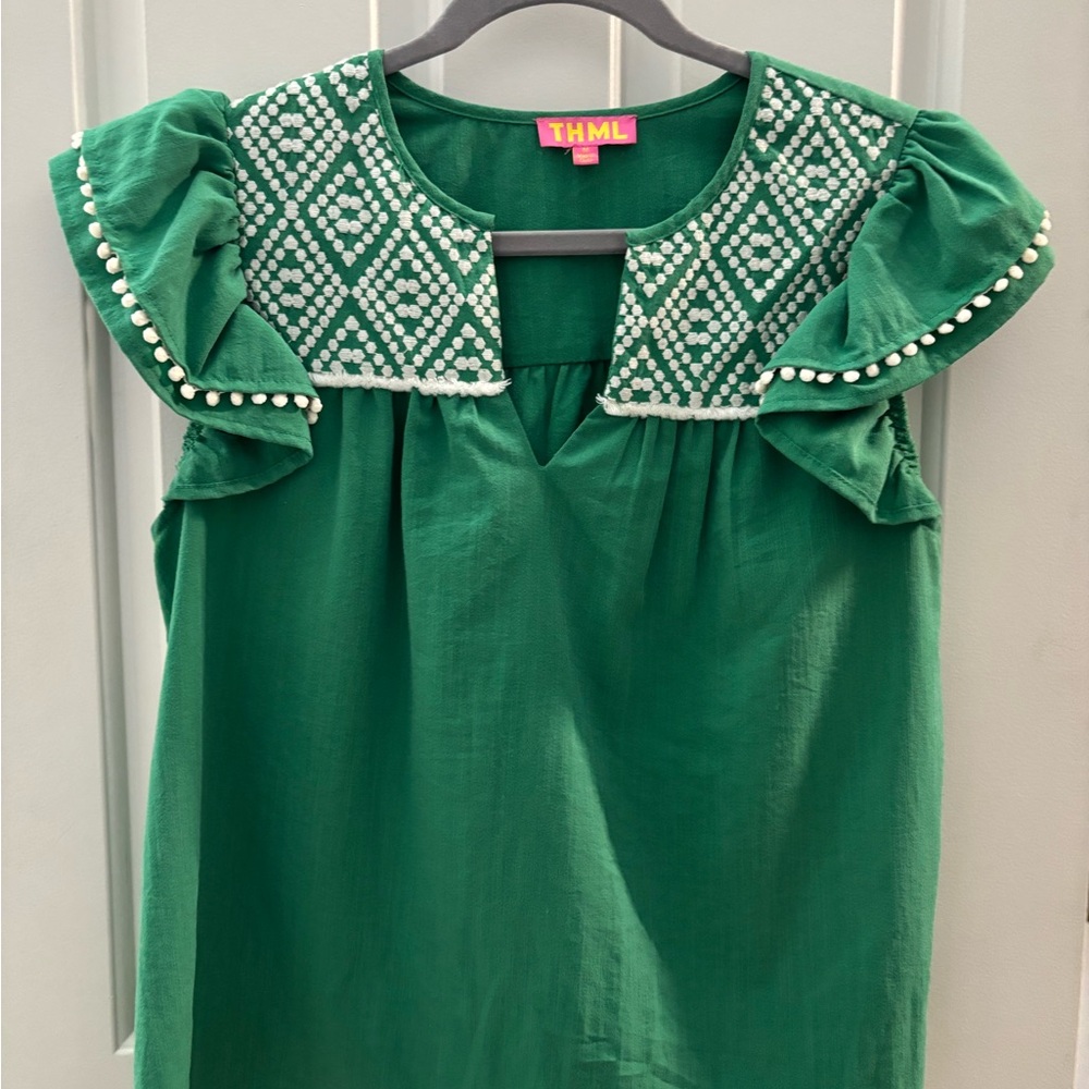 THML Emerald Green Blouse with Ruffle Sleeves